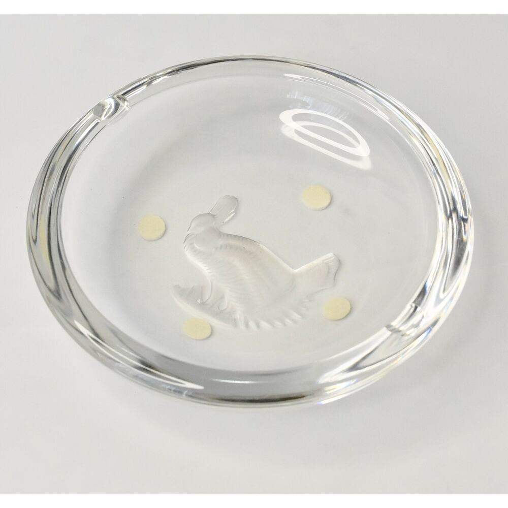 Val St. Lambert Crystal Cut & Etched BIRD Art Glass Ashtray Signed